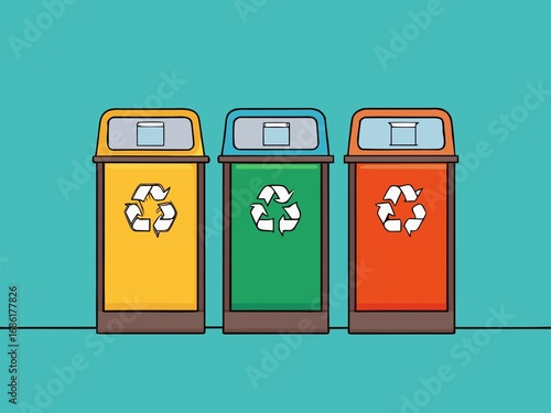 Colorful Recycling Bins Illustration for Paper Glass and Plastic Waste Sorting