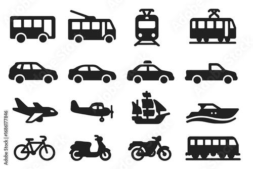 Transportation icon set. Solid glyph collection of vehicles for travel, commute and logistics. Car, bus, train, plane, ship, bike, taxi pictogram. Vector silhouette symbols.
