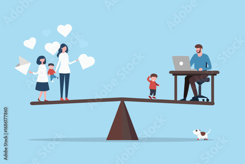 Balancing family life and work responsibilities on a scale with a father working and mother with children