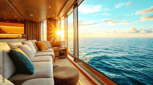 A luxury cruise suite with floor-to-ceiling windows offering breathtaking ocean views.