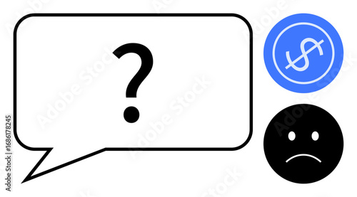 Speech bubble with question mark, blue circle with crossed-out dollar sign, and sad face. Ideal for finance, budgeting, debt, spending, economic challenges, problem-solving simple flat metaphor