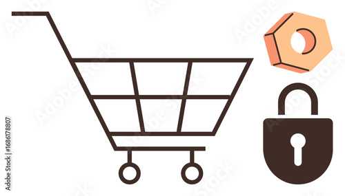 Shopping cart paired with lock and hex nut representing secure e-commerce, online payments, data protection, trust, privacy, security measures, and compliance. Ideal for secure transactions, online