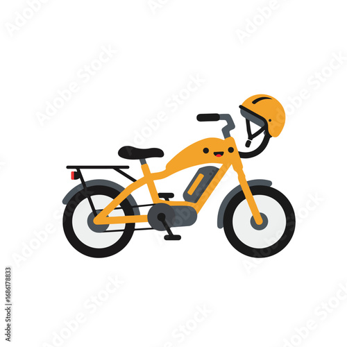 A cartoon ebike with a yellow frame and helmet Black wheels seat and handlebars A rear rack