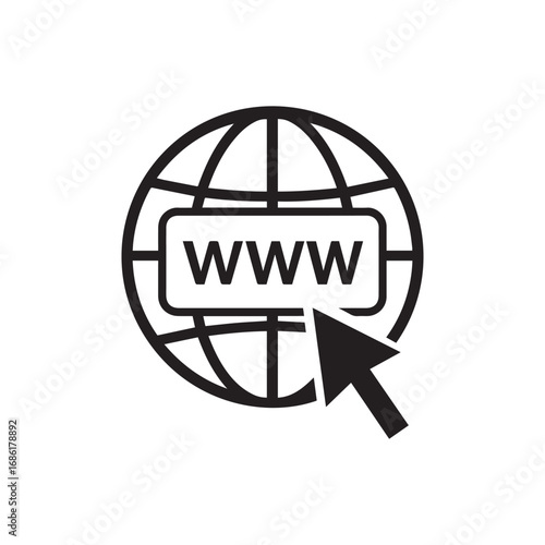 Minimalistic Black and White WWW Globe Icon with Cursor – Vector Illustration for Web and Internet Concepts