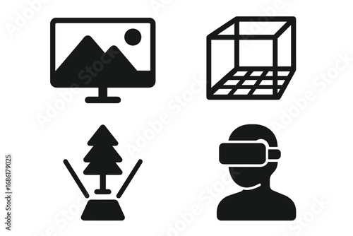 Virtual environment solid glyph icon set. VR headset user, digital landscape on screen, 3D space grid, and hologram tree icons. Metaverse and augmented reality symbols.