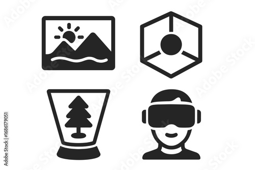Virtual environment solid glyph icons. VR headset user, digital landscape, 3D space, hologram. Metaverse, augmented reality, simulation, futuristic tech concept vector set.