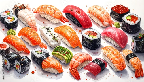Colorful sushi assortment, artistic display