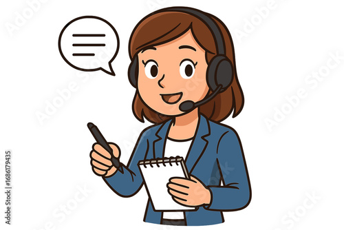 Customer service agent, virtual assistant with headset. Call center operator consulting a client, taking notes. Woman support manager. Telemarketing, helpdesk concept vector.