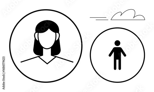 Minimalistic illustration of a woman in one circle and a smaller human figure in another with abstract lines and cloud. Ideal for teamwork, communication, leadership, organization, mentoring