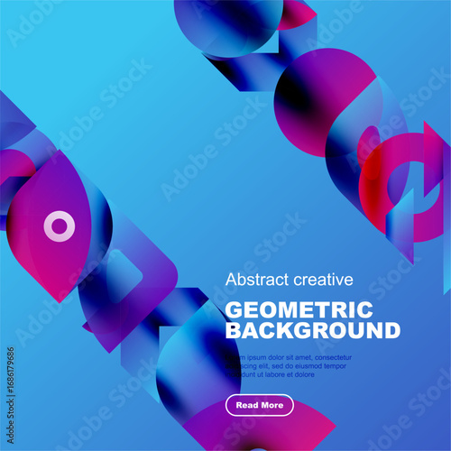 Bright abstract shapes overlap blue backdrop. Modern design features gradients, curves, text promoting further exploration.