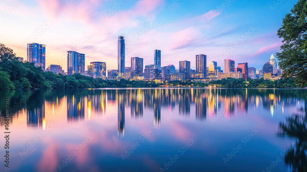 Fototapeta premium A panoramic shot of a city skyline reflecting on the water during sunset.