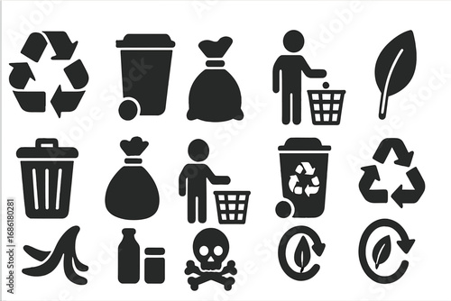Waste management solid icons set. Recycling, garbage, and eco-friendly symbols. Vector collection for trash disposal, segregation, and environmental care concepts.