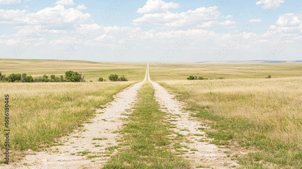 Obraz premium A flat, straight road cutting across a vast open plain, with only a few distant trees.