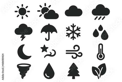 Weather icon set with solid glyphs. Meteorology and climate forecast symbols. Sun, cloud, rain, snow, thunder, wind, tornado, temperature, moon, nature vector elements.