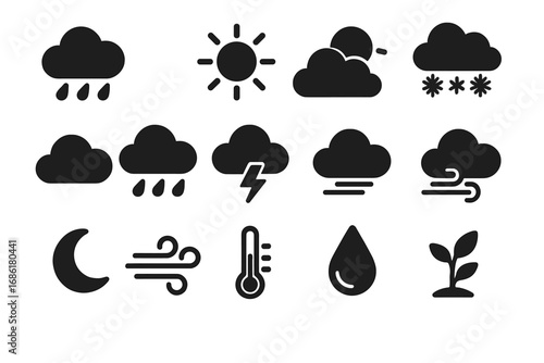 Weather and climate icons set. Solid glyph symbols for meteorology forecast. Vector collection of atmospheric and environmental signs like sun, rain, cloud, wind, snow.