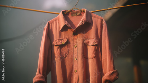 Pink shirt laundry clothesline hanger outdoor morning light soft focus rustic casual fabric collar pocket button sleeve garment drying misty countryside home simple minimal clean textile cotton