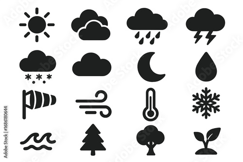 Weather and nature icons set. Solid glyph symbols collection. Climate, environment, forecast concepts. Sun, cloud, rain, storm, snow, wind, moon, tree, plant vector.