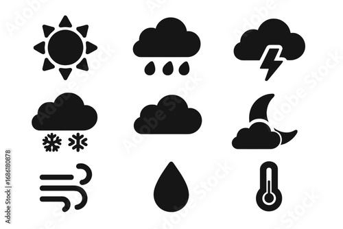 Weather forecast glyph icons set. Meteorology symbols collection. Climate conditions silhouette. Sun, rain, snow, wind, storm, cloud, moon, temperature vector signs.