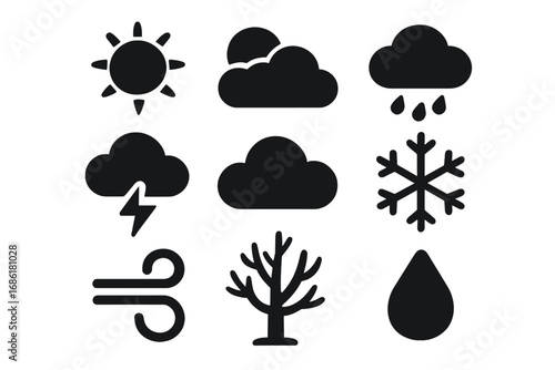 Weather forecast flat icon set. Meteorology silhouette symbols collection. Sun, cloud, rain, snow, wind, and storm vector icons. Climate and seasonal minimal glyphs for web.