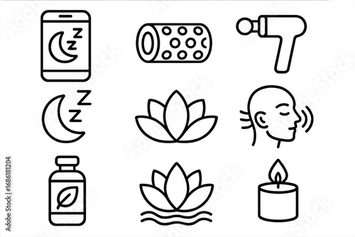 Wellness and self-care line icon set. Vector symbols for relaxation, recovery, mental health. Icons for sleep tracker, massage gun, foam roller, yoga, meditation, spa.