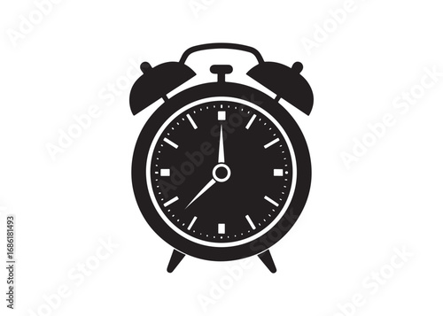 Alarm Clock Vector, Classic Silhouette, Vintage Timepiece Icon.