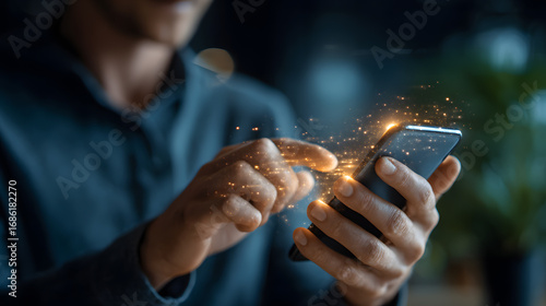 Man using smartphone with glowing digital effect, technology innovation, mobile banking, futuristic communication, modern lifestyle
