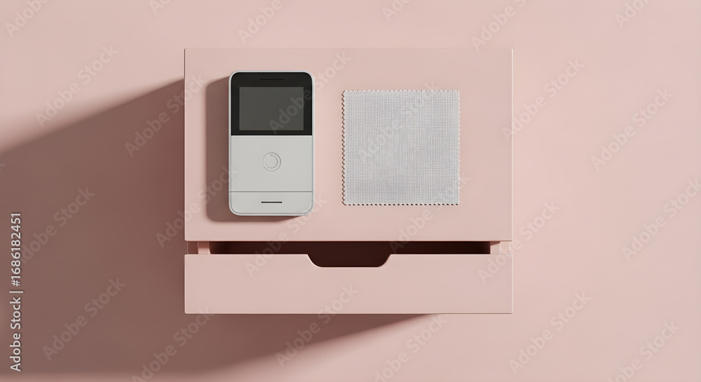Obraz premium Minimalist flat lay of a gray mobile device and fabric swatch on a pastel pink surface