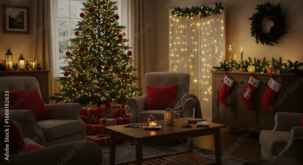 Obraz premium Cozy Christmas Living Room with Decorated Tree and Gifts