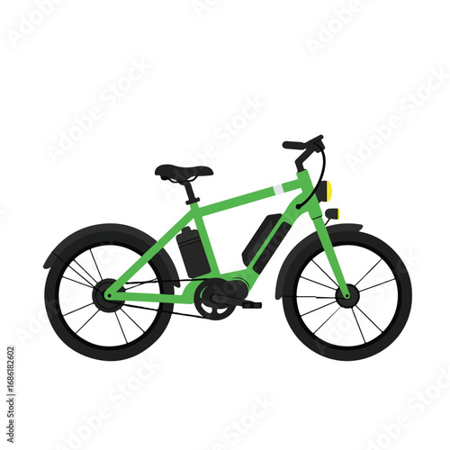 A green electric bicycle with black tires fenders seat battery and lights on a white background