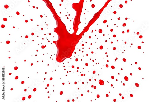 Isolated radial blood splatter pattern with small, scattered droplets radiating outwards on white background,   impact,   texture