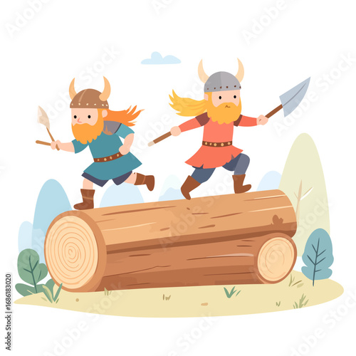 Two funny cartoon Viking characters running on a log.