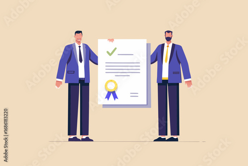Two businessmen proudly holding up a certificate with a golden seal and checkmark