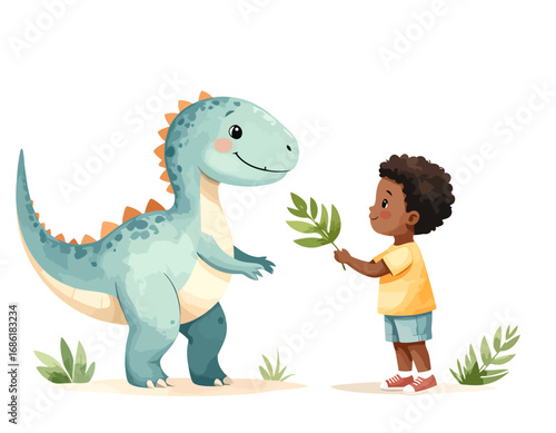 Boy Offers Leaves to Friendly Cartoon Dinosaur in Watercolor Illustration.