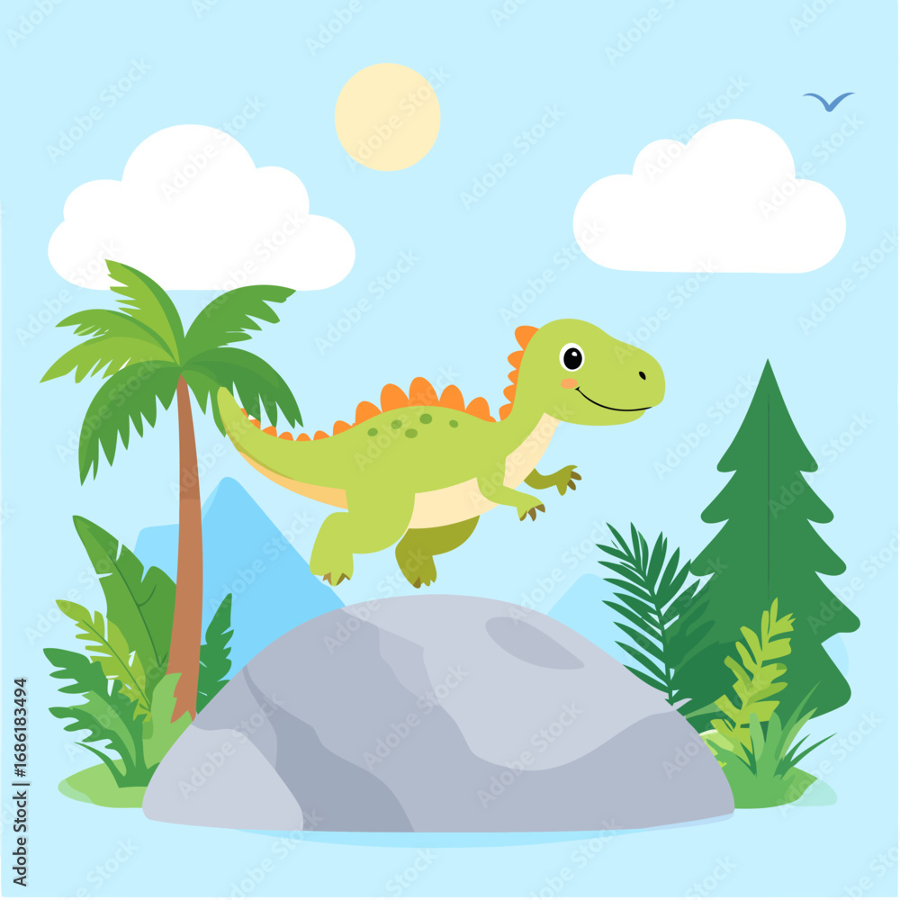 Naklejka premium Cute cartoon green dinosaur standing on a rock.