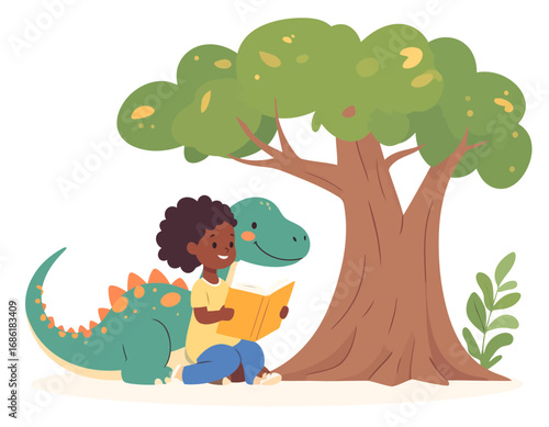 A young Black girl reading a book with her friendly dinosaur friend.