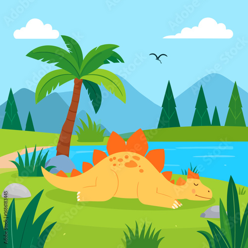 Cute cartoon dinosaur resting by a river in a lush landscape.
