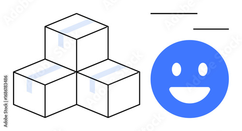 Stacked boxes taped for shipping paired with a smiling emotion. Ideal for logistics, shipping, delivery service, customer satisfaction, positive feedback, online shopping, simple landing page