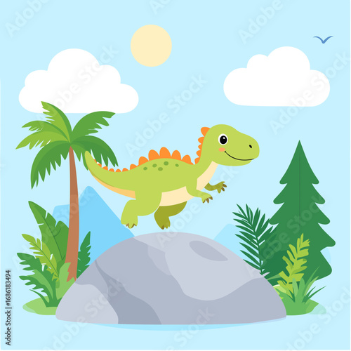 Cute cartoon green dinosaur standing on a rock.