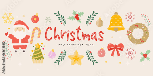 Festive christmas and happy new year banner with santa claus ornaments and snowflakes
