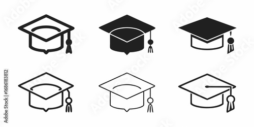 Set of graduation caps icons in solid and outline styles