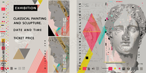 Modern art exhibition poster featuring classical sculpture and abstract geometric elements