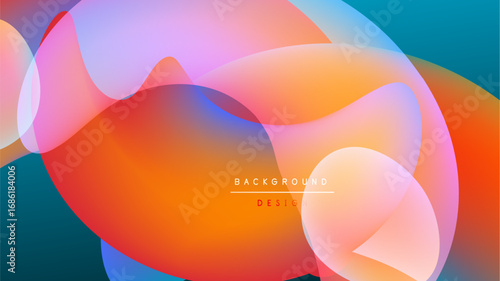 Abstract colorful shapes overlap, creating vibrant gradients. Background is dark, emphasizing bright forms. Modern design element.