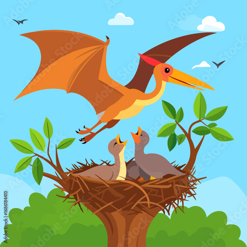 Flying Pterodactyl parent returning to nest with baby dinosaurs.