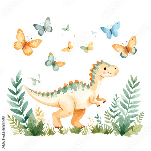 Cute Watercolor Dinosaur with Butterflies and Green Foliage Illustration.