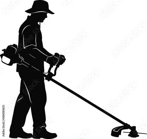 Silhouette of gardener with grass trimmer, landscaping worker using string trimmer, outdoor maintenance, vector illustration for lawn care and gardening equipment content