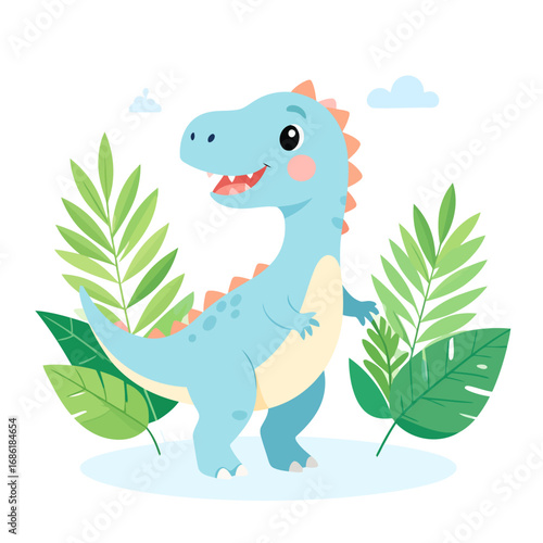 Cute Blue Cartoon Dinosaur Standing Among Tropical Leaves.