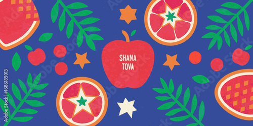 Happy new year shana tova greeting with apples and citrus fruits