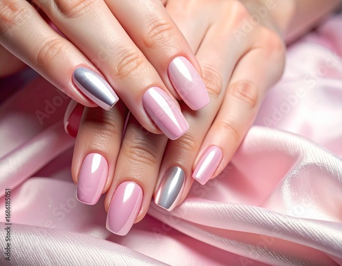 Elegant Manicured Nails with Glazed Chrome Finish in Soft Pink and Silver Tones
