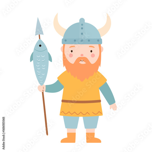 Cartoon Viking Warrior with Fish Spear.