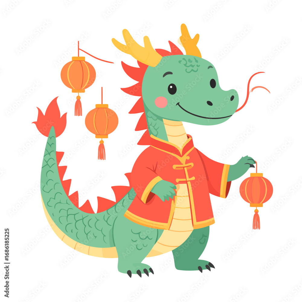 Fototapeta premium Cute cartoon dragon in Chinese clothing holding lanterns.